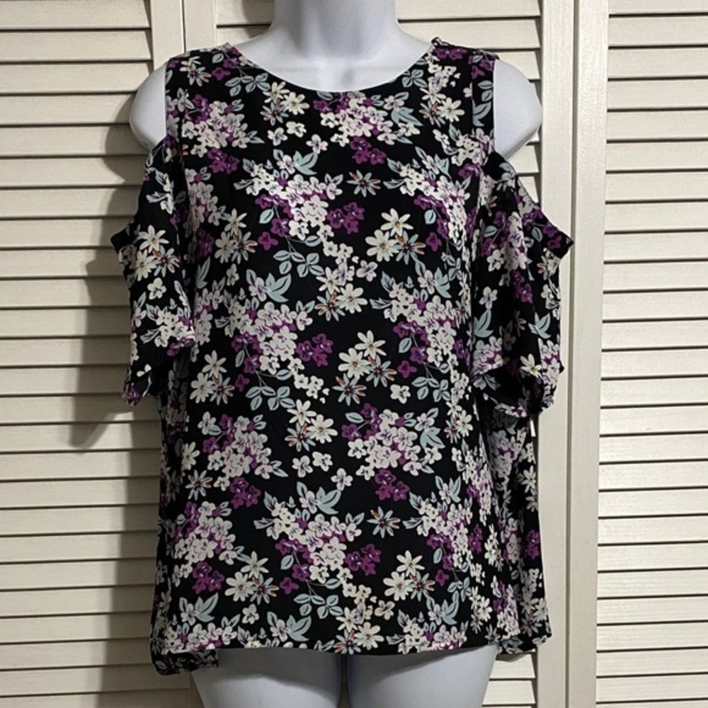 Express Black and Purple Floral Cold Shoulder Top